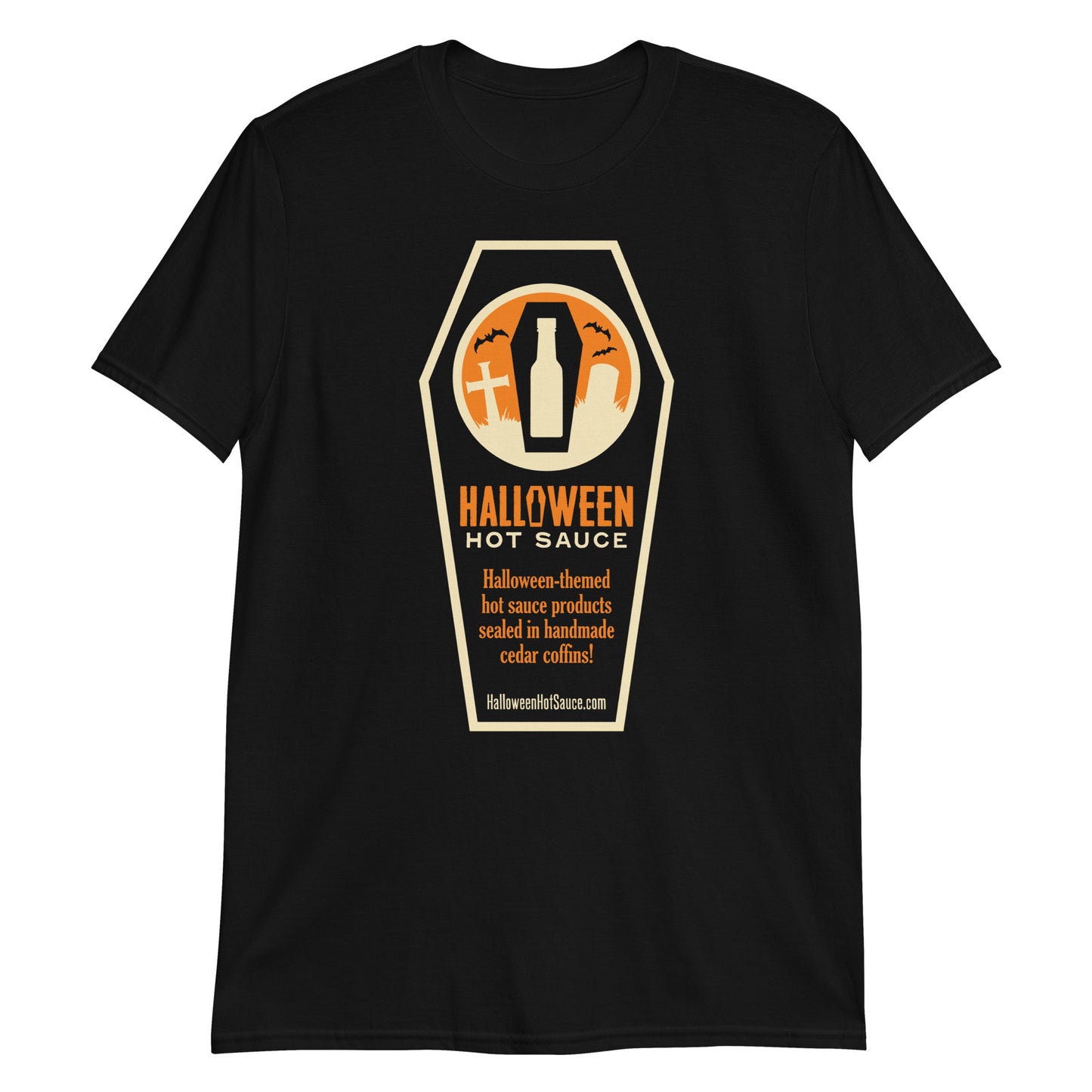 Halloween Hot Sauce Coffin, Short-Sleeve Unisex T-Shirt